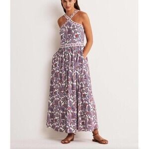 NWT! Boden Halterneck Jersey Maxi Dress Womens US 8 White Floral Paisley Pockets